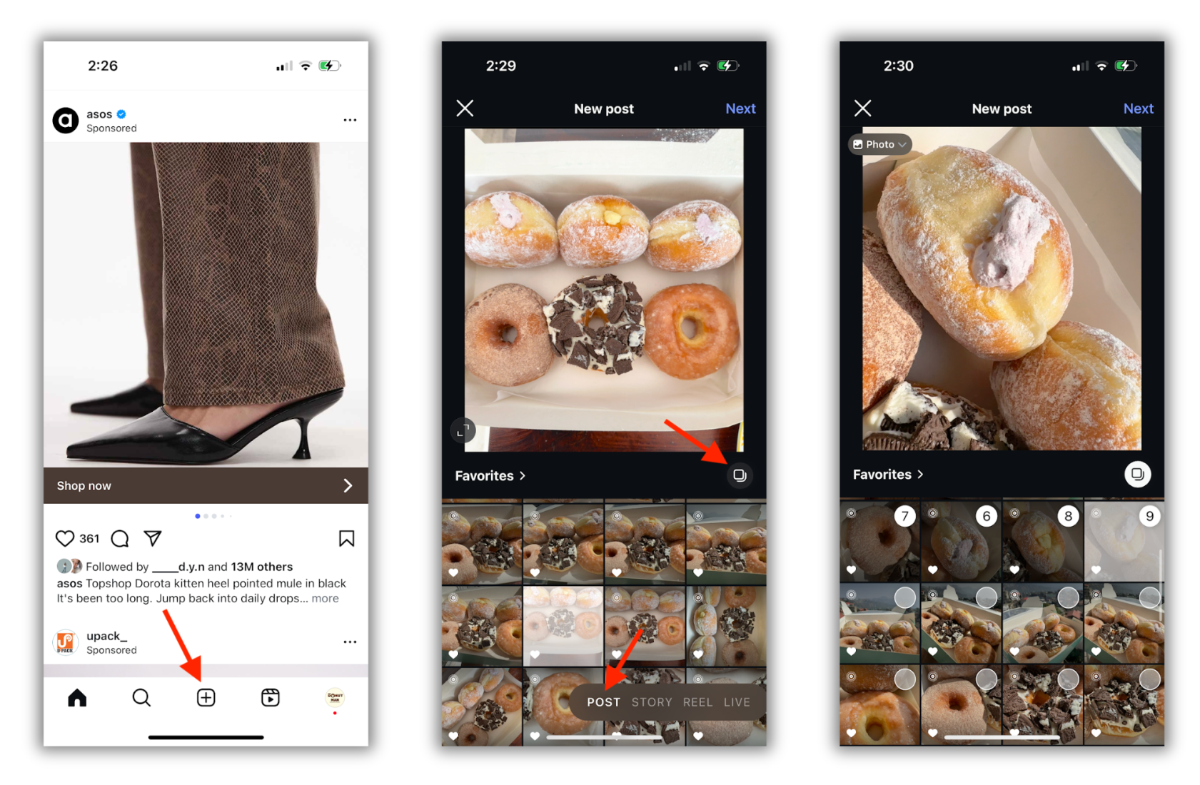 set of 3 images showing the steps to create a new carousel post - the 1st image shows the Instagram homepage with an arrow pointing to the middle plus button, the 2nd image shows the new post creation window with an open camera roll and an arrow pointing to the multiple images button, the 3rd image shows the same window with multiple images selected from the camera roll