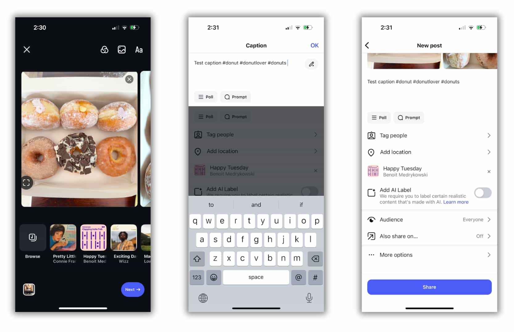 set of 3 images - the 1st shows a picture of 6 donuts in a box with a music selection bar below, the 2nd shows an Instagram caption window, the 3rd shows a new post draft window with several options to customize the post