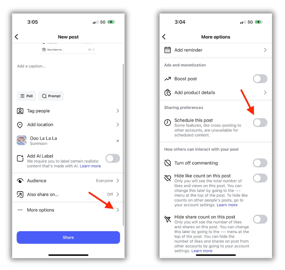 Instagram new post window with an arrow pointing to the "more options" button and a second image showing the options page with an arrow pointing to the "schedule this post" button