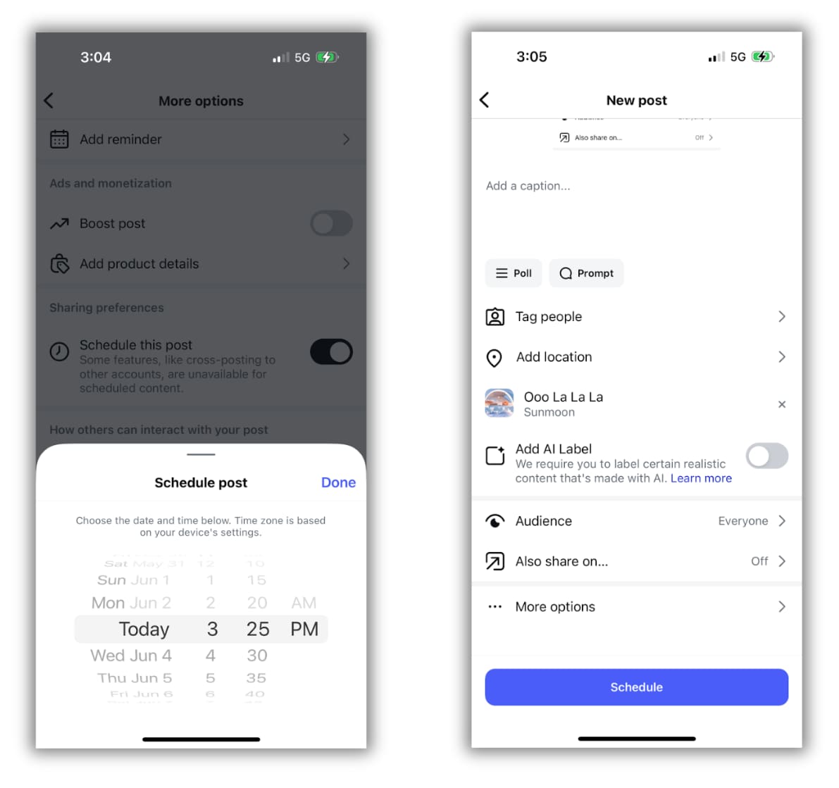 Instagram scheduling page with a menu to select date and time and another image showing the new post creation window with a "Schedule" button at the bottom