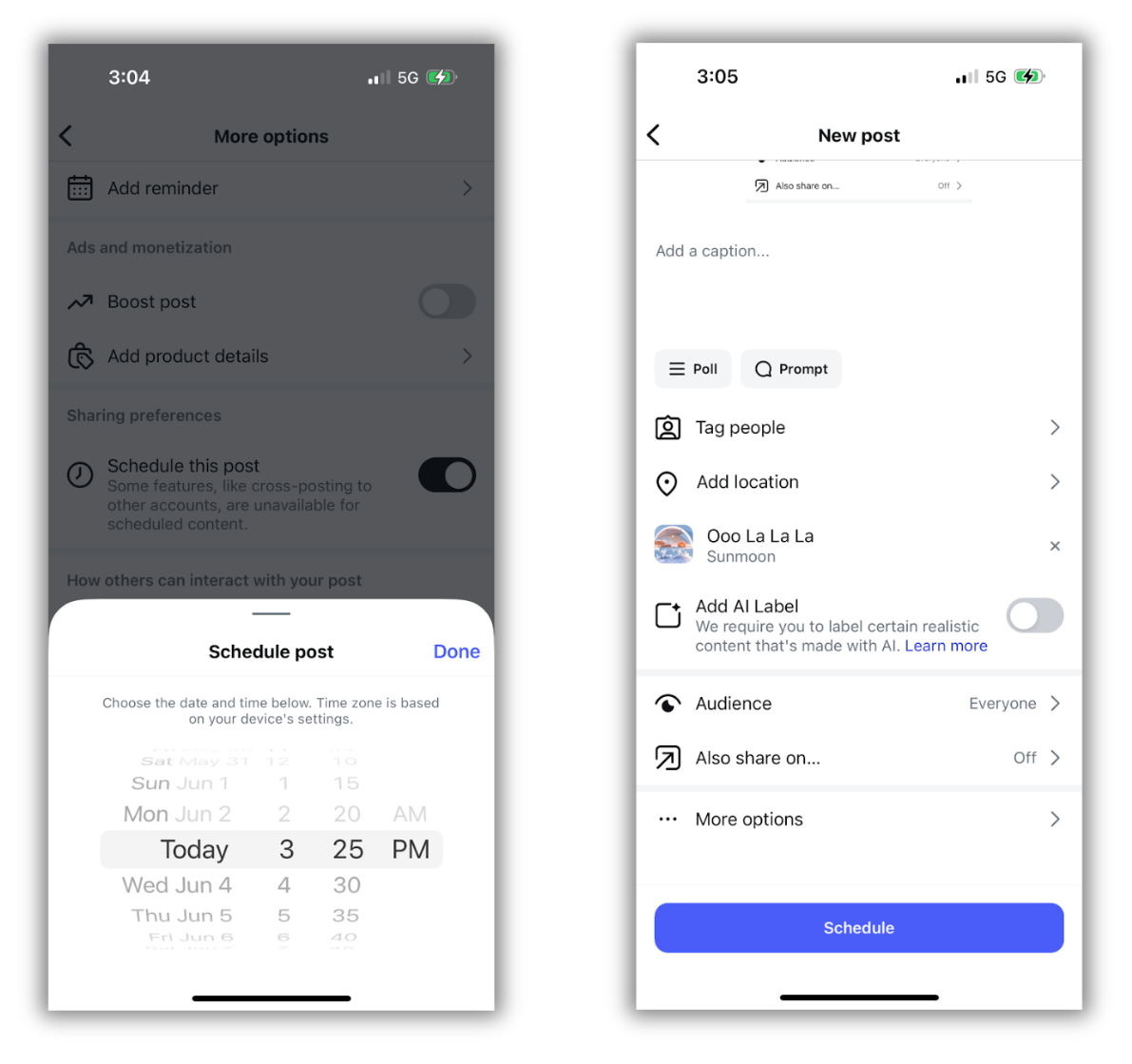 Instagram scheduling page with a menu to select date and time and another image showing the new post creation window with a "Schedule" button at the bottom 