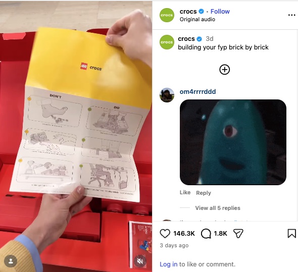 An Instagram post showing hands holding a playful LEGO x Crocs instruction manual, contrasting the pain of stepping on bricks barefoot ("Don't") with the comfort of wearing the collaborative footwear ("Do").