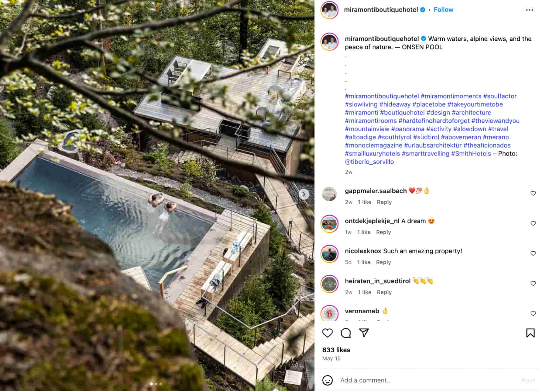 carousel post from Miramonti Boutique Hotel showing an aerial view of the property's Onsen pool