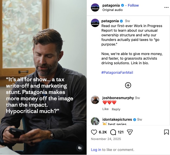 Patagonia's Instagram campaign around Fan Mail allowed the brand to authentically reply to critical messages.
