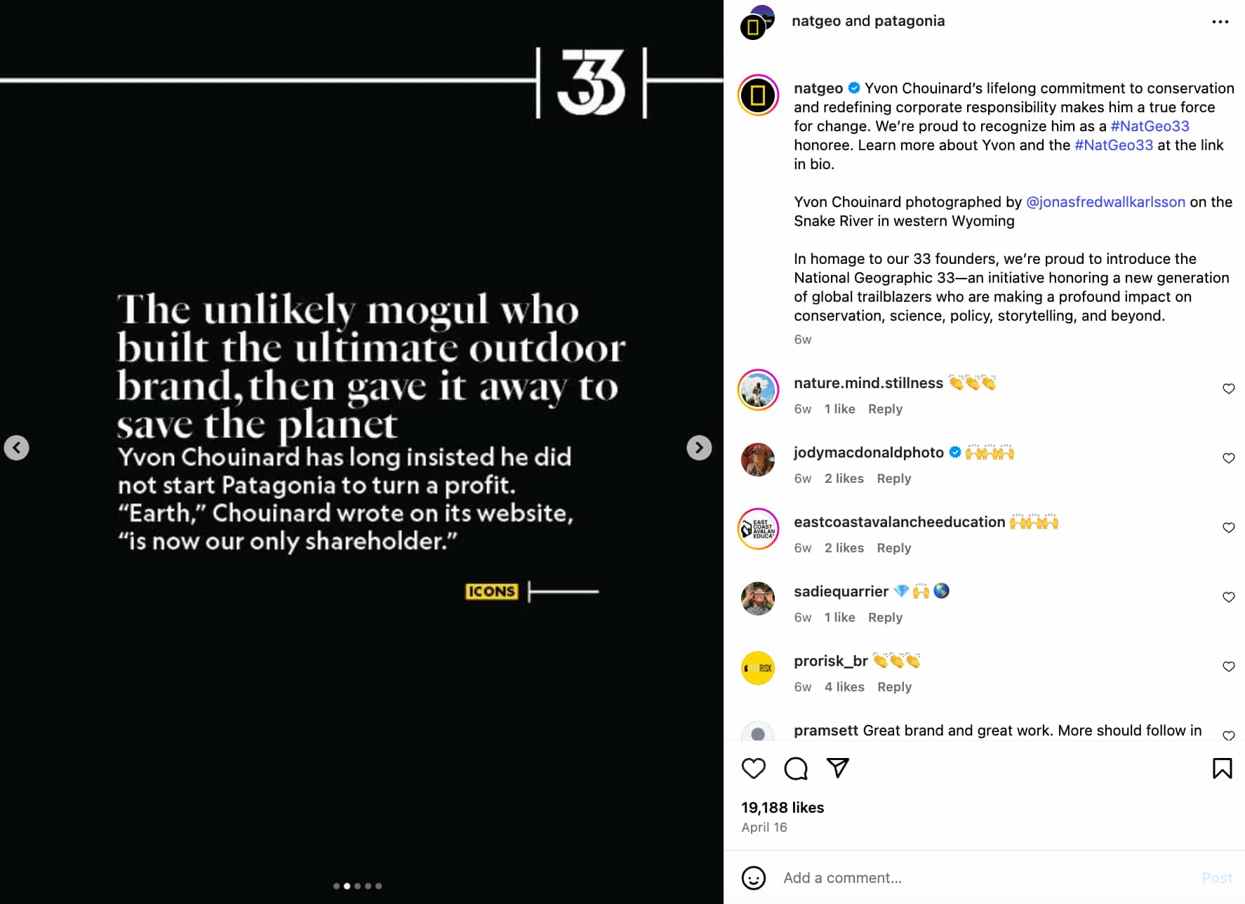 Instagram carousel post from Patagonia showing a slide with text that describes the story of the brand's founder