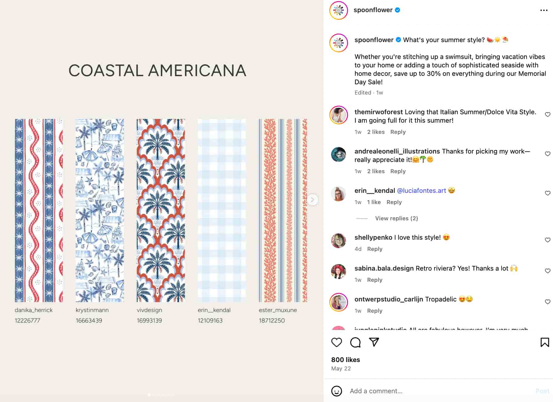 instagram carousel post from spoonflower showing a horizontal post format with five different patterns titled "Coastal Americana"