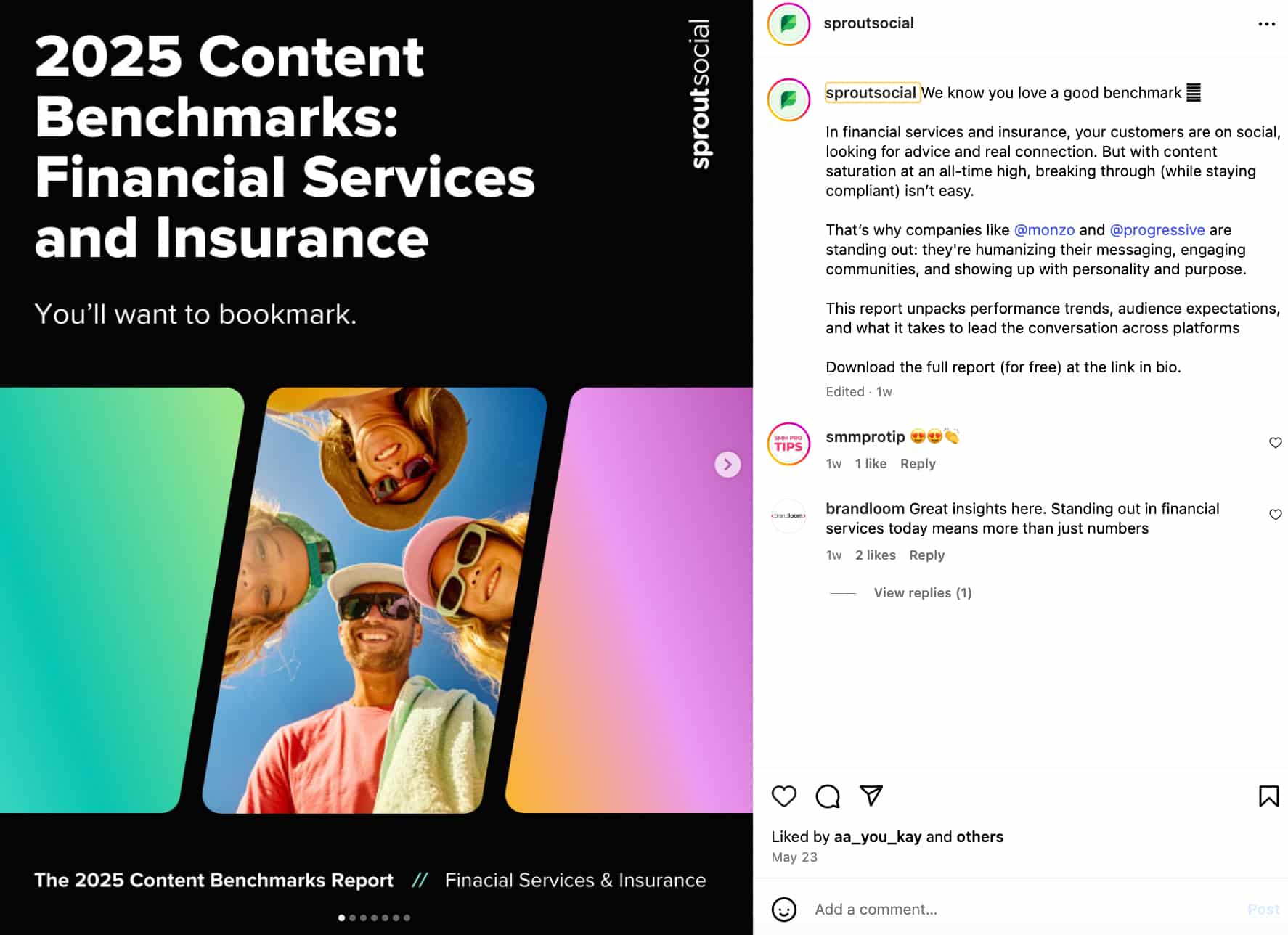 carousel post from Sprout with a slide showing four people smiling downward at the camera and text that reads "2025 Content Benchmarks: Financial Services and Insurance. You'll want to bookmark."