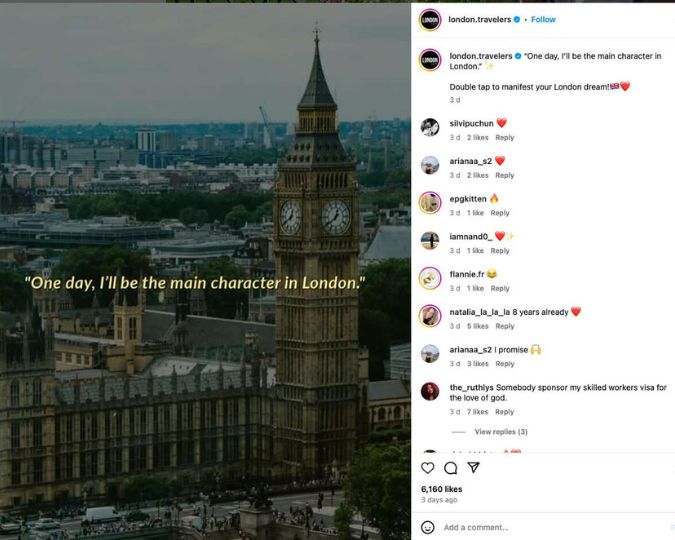 An image of Big Ben with overlay text that reads “One day, I’ll be the main character in London.” 