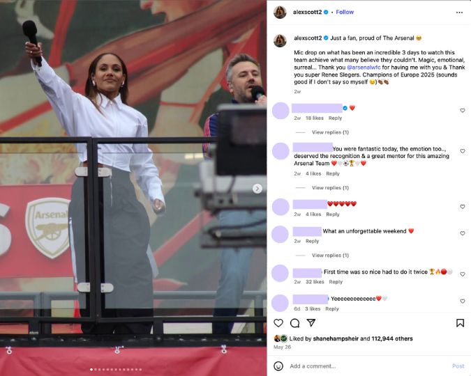 Alex Scott MBE lifting a microphone to the crowd and thanking Arsenal 