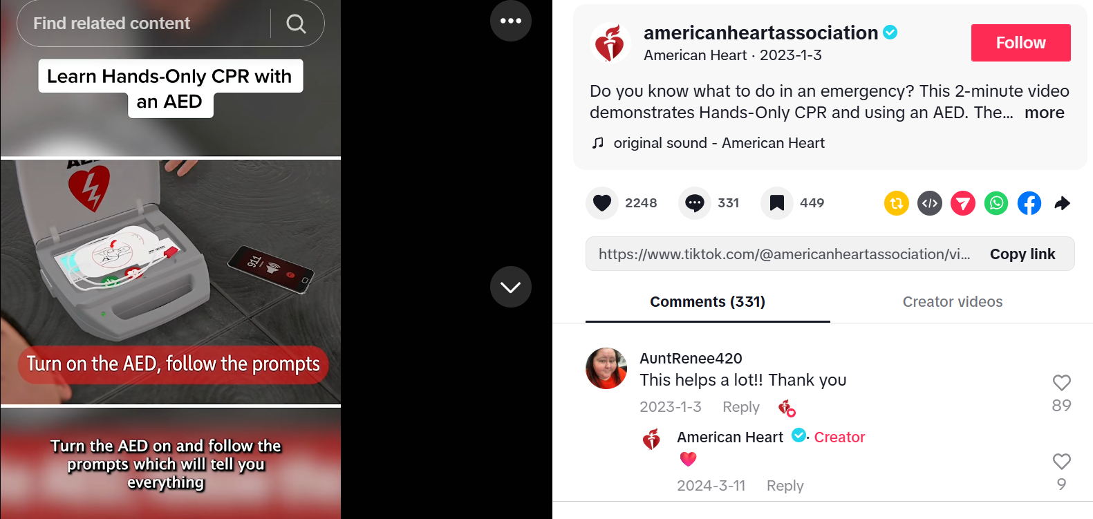  American Heart Association’s video on CPR using an AED 