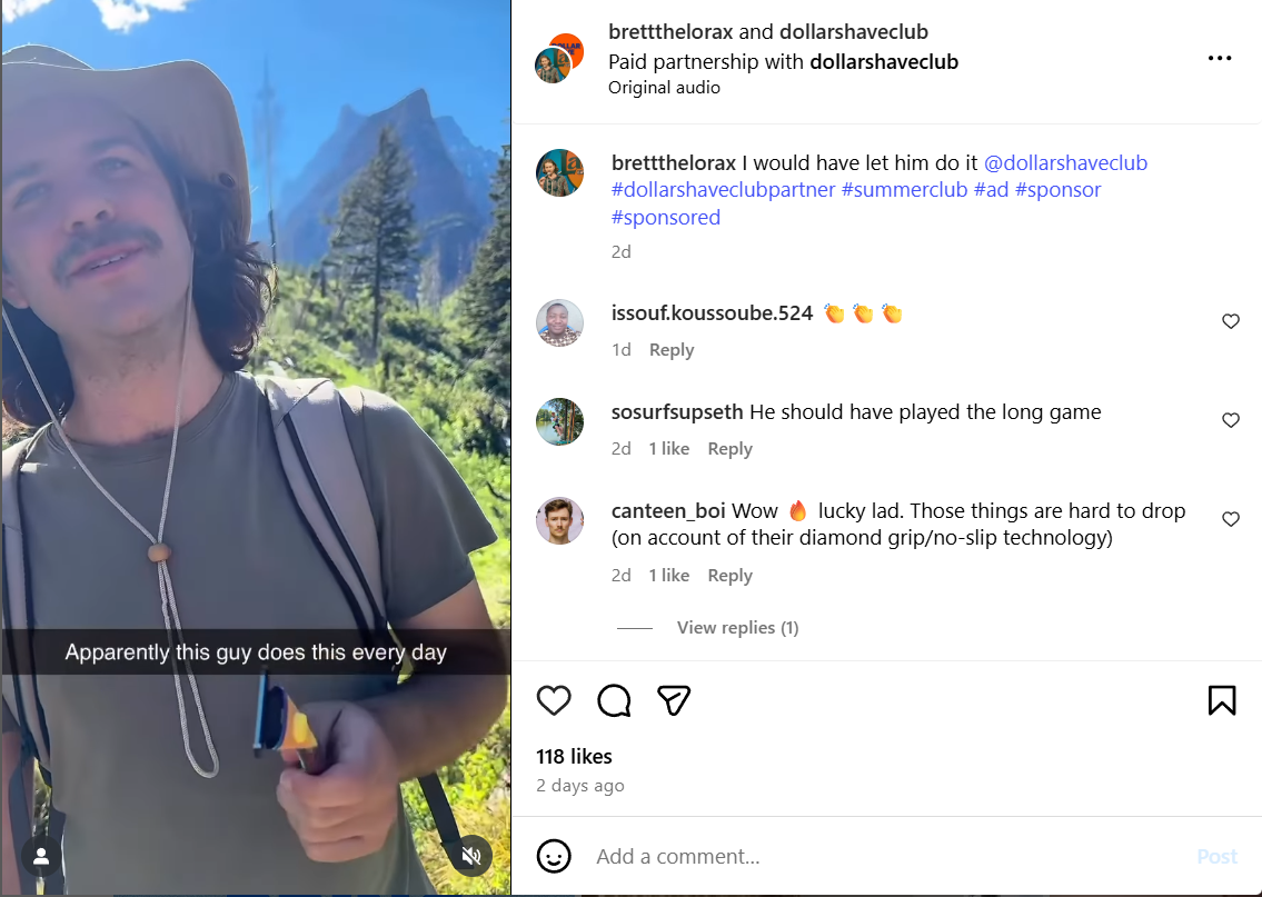 Instagram Creator Brett Dodenhoff (@BrettTheLorax) in a paid Instagram Reel collaboration with Dollar Shave Club. 