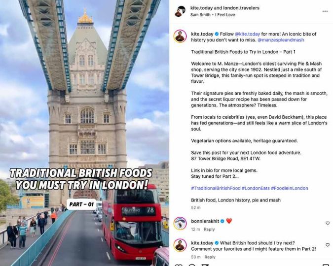 An Instagram reel depicting London Bridge with the caption “Traditional British Foods You Must Try in London!”