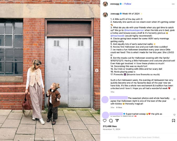  Zoe Sugg and her child showcasing outfits bought from UK high street shops 
