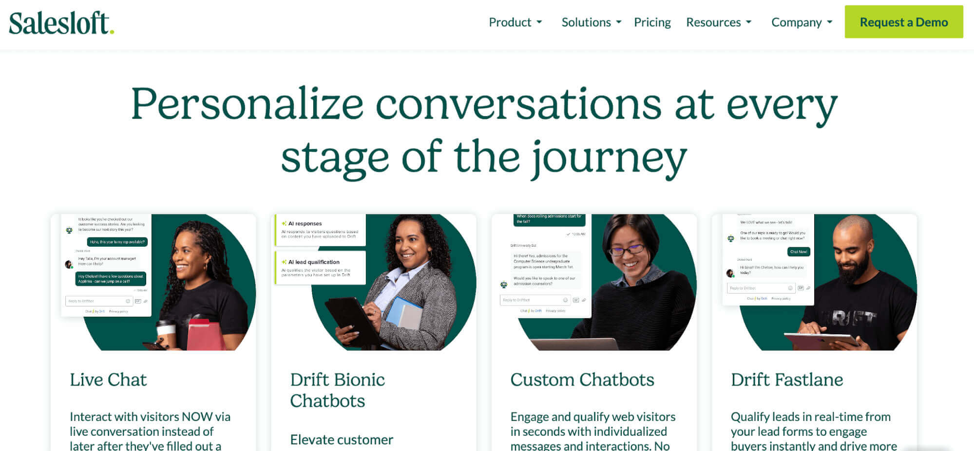 ​​Salesloft's landing page shows feature descriptions, a website menu and a demo button
