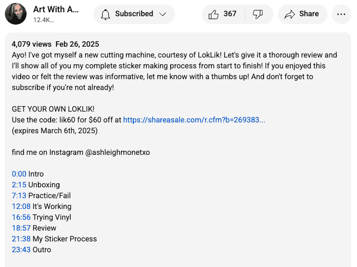 The description box of micro-influencer Ashleigh Monet’s YouTube review of a LokLik cutting machine with an affiliate link