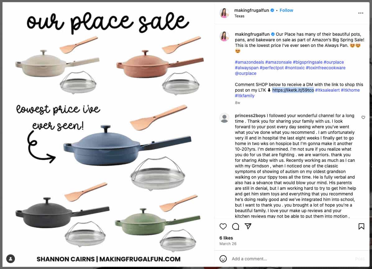 A Making Frugal Fun Instagram post features Our Place cookware and directs followers to shop through an affiliate link