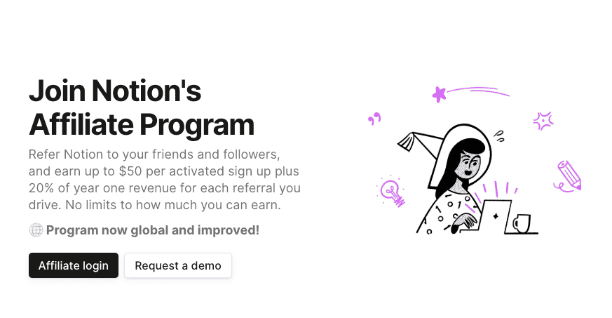 Notion's affiliate program page explains its commission structure