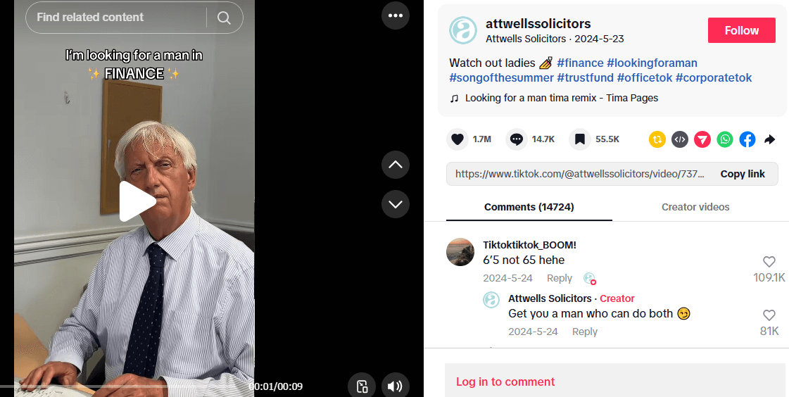 A TikTok post from Attwells Solicitors based on the TikTok trend I’m looking for a man in finance