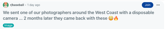 The MLB user account post introducing its behind-the-scenes photo to r/baseball. 