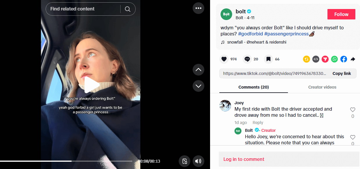 A TikTok post from Bolt, showing their humorous content and responses to comments