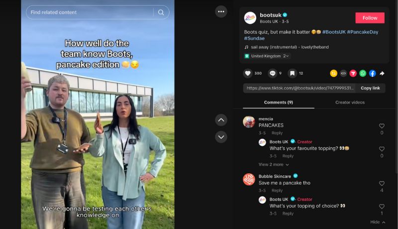 Boots Chemist posts a TikTok with their staff competing in a fun challenge for Pancake Day