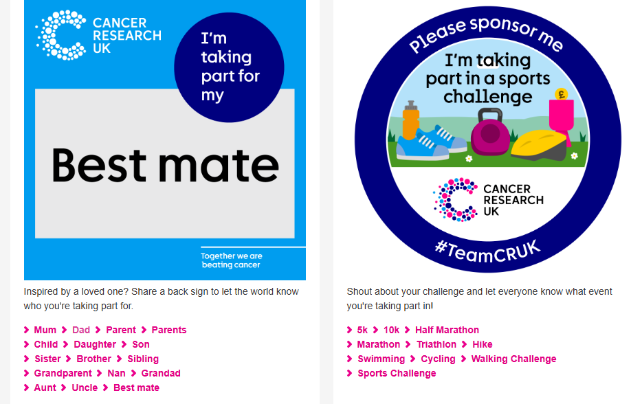 Cancer Research UK’s website page that says “Spread the word on social media” and hosts UGC images 