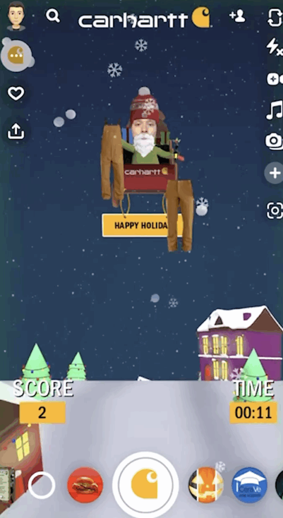 A Snapchat AR Lens from Carhartt’s holiday campaign with a branded Santa character dropping gifts.
