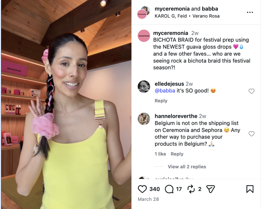 An Instagram Reel from the Ceremonia founder showing how to use the products to create a fun, colorful braid hairstyle for a festival