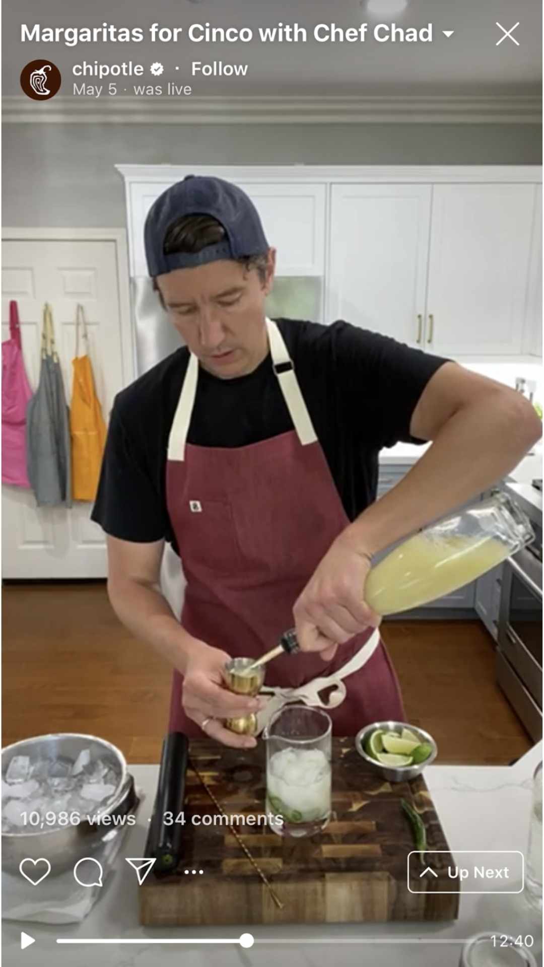 A screenshot shows a live stream video of a man making a margarita from the Chipotle Instagram account