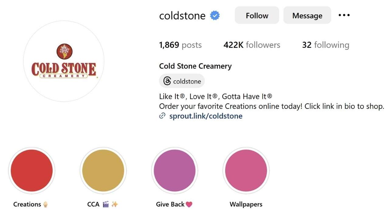 A screenshot shows Cold Stone Creamery’s Instagram account, including its handle and bio