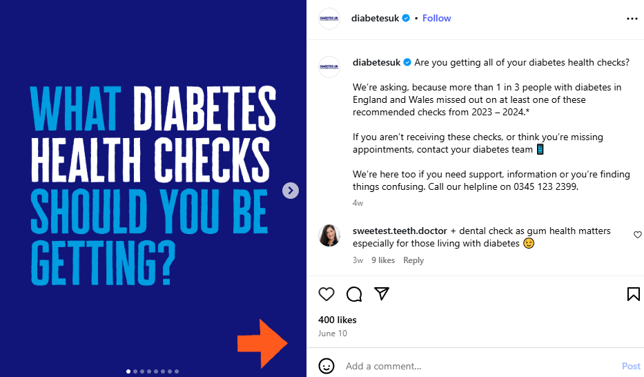 An Instagram post by Diabetes UK where they’ve made a carousel to promote health checks