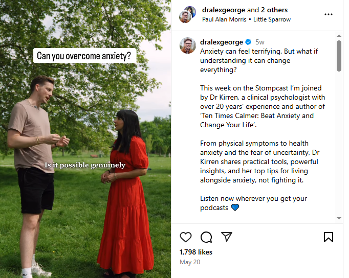 An Instagram post by Dr Alex George, a UK healthcare influencer, promoting his regular podcast which provides general health advice