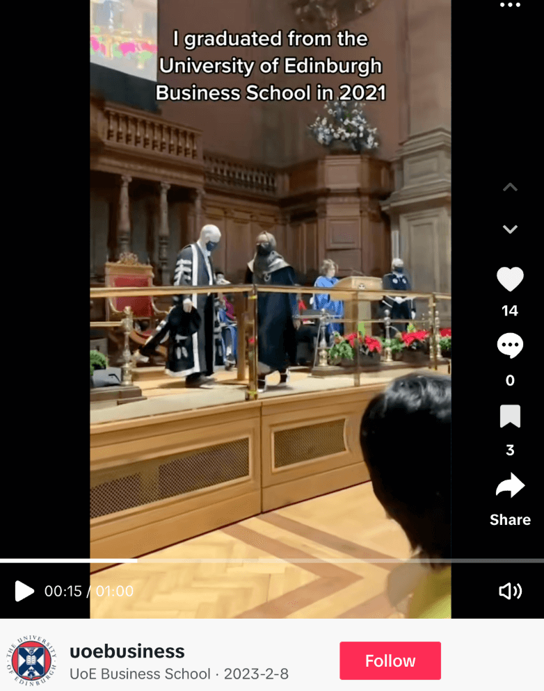 Tiktok from The University of Edinburgh Business School highlighting alumni achievements and career paths. 