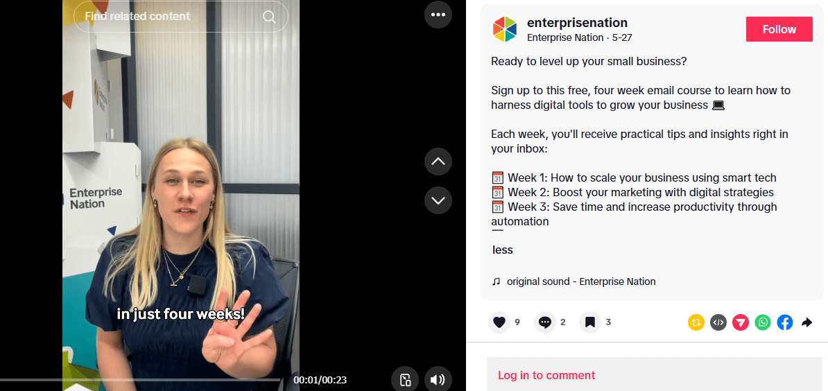A TikTok post by enterprisenation, promoting their thought leadership through a 4 week email course