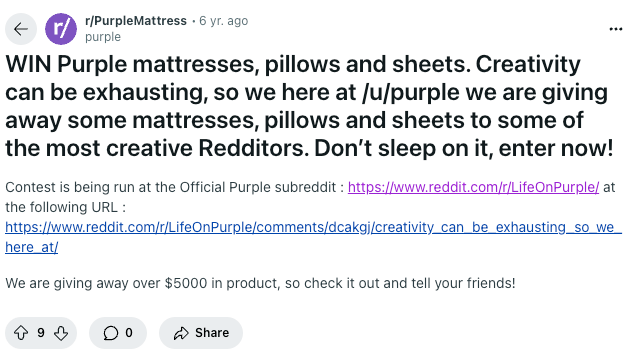 Purple offers a $5,000 value giveaway for its product to a lucky winner.