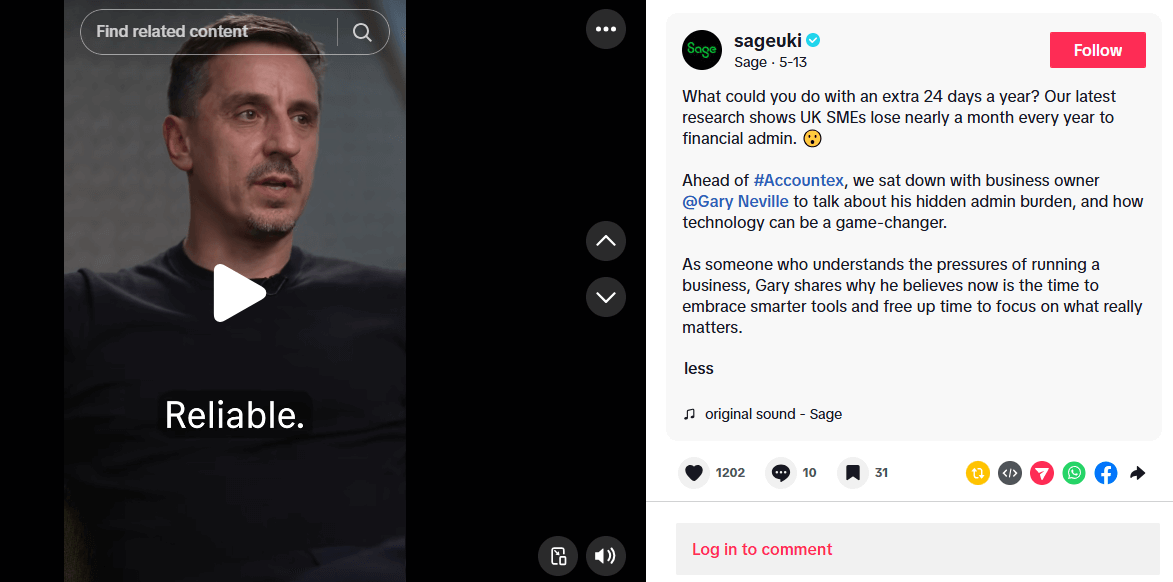 A TikTok post from SageUKi, partnering with Gary Neville to promote their Accountex event
