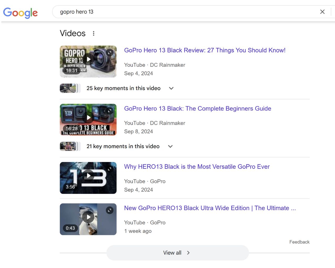 Google search results for “GoPro Hero 13,” including YouTube videos