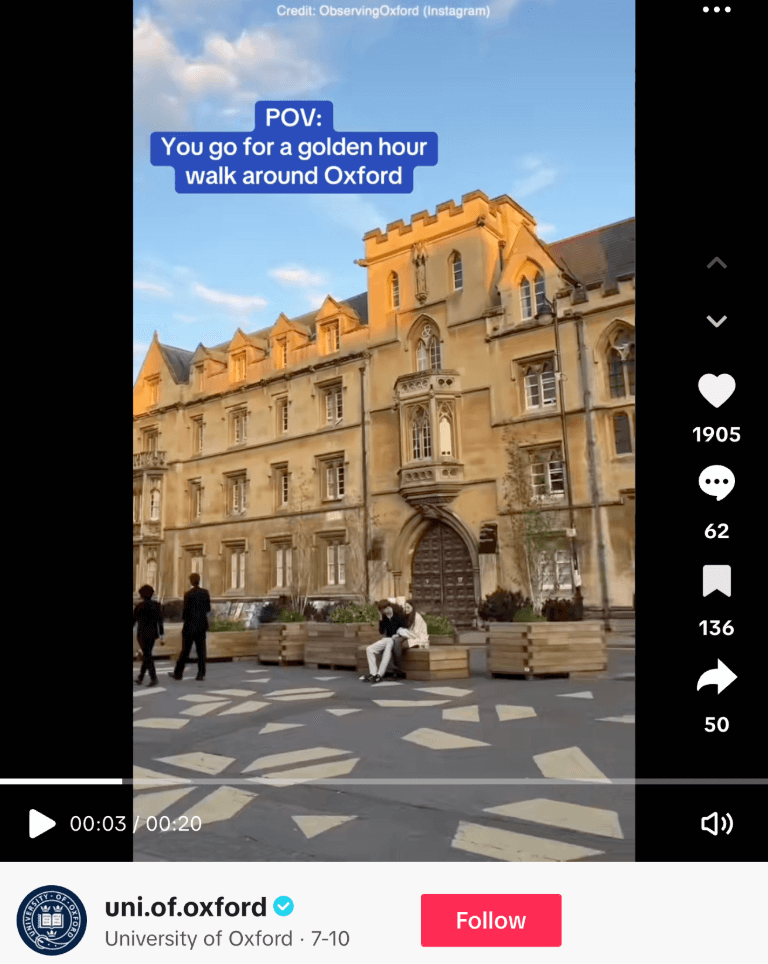A “Walking around on campus” TikTok video from Oxford.