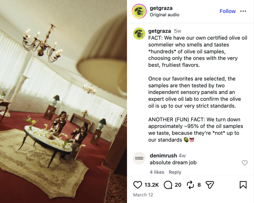 An Instagram Reel from Graza showcasing an aesthetic, creative story meant to visualize how their sommeliers taste-test the olive oil they receive 