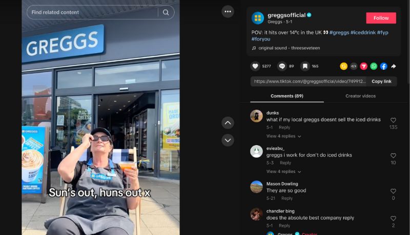 Greggs shares a TikTok poking fun at the way people in the UK act when the weather is above 14 degrees Celsius