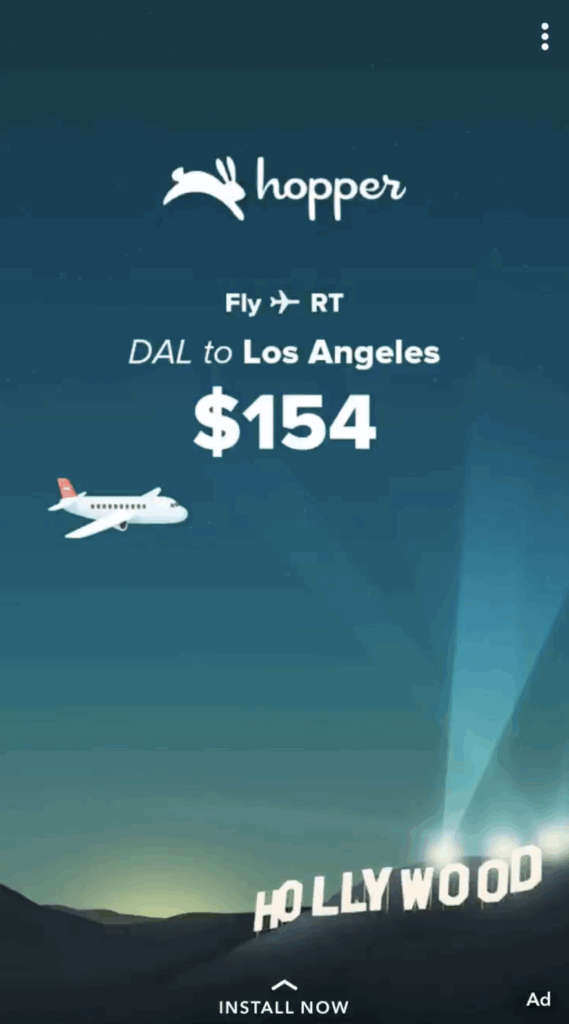 Sponsored Snap ad from Hopper showing a $154 flight deal from Dallas to Los Angeles.