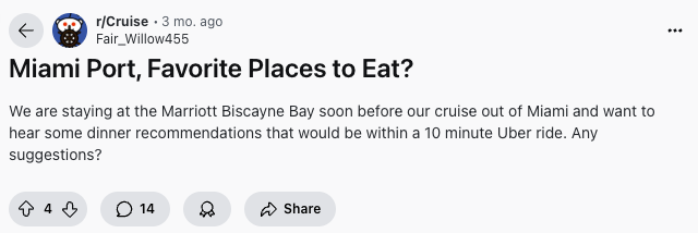 Reddit user asks for dinner recommendations around Biscayne Bay on r/Cruise.