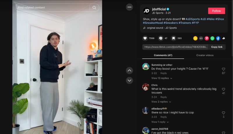 JD Sports often works with local fashion and streetstyle influencers to film UGC marketing content for TikTok