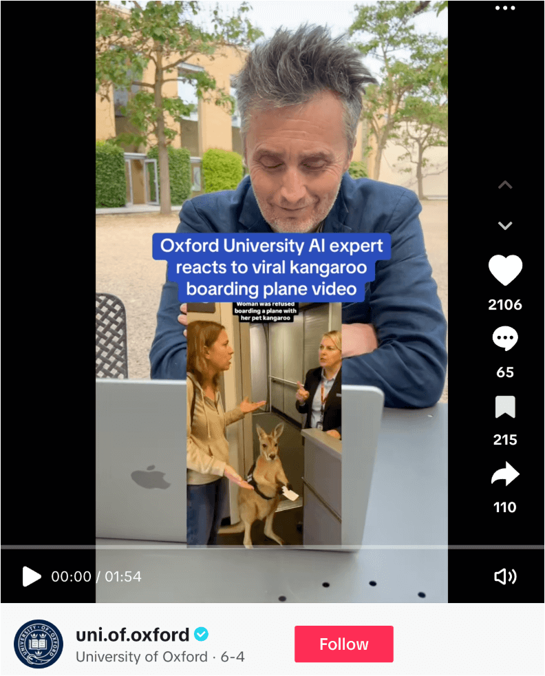 A Tiktok reaction video from an Oxford professor to a viral AI-generated kangaroo boarding a plane