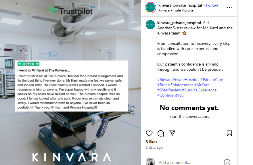 An Instagram post by Kinvara private hospital sharing a recent patient testimonial