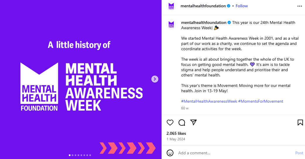 An Instagram carousel by Mental Health Foundation promoting the history of their annual Mental Health Awareness Week event