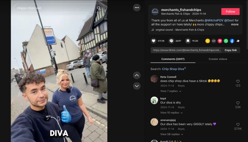 A post from Merchants Fish and Chips in Bewdley with their owner and staff member known as ‘Chip Shop Diva’