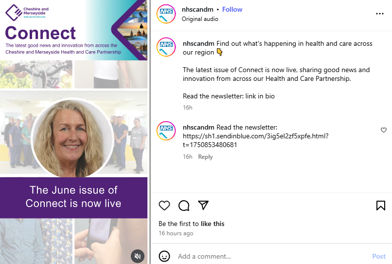 An Instagram post from a regional NHS account sharing the latest issue of their local newsletter 