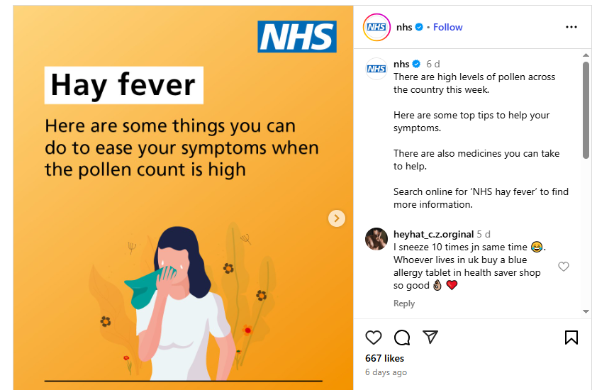 An Instagram post by the NHS where they’ve used an infographic to share information on seasonal allergies 