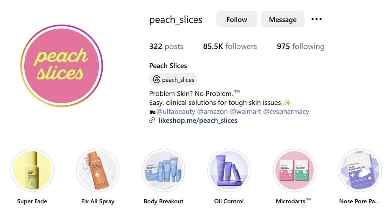 A screenshot shows the Instagram bio for Peach Slices, a skincare brand